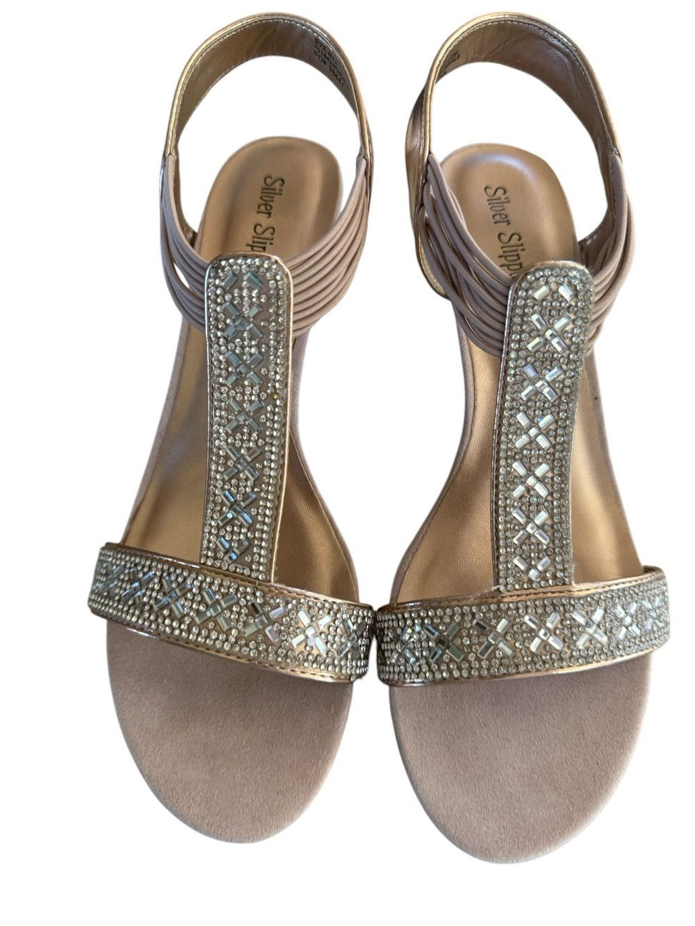 Silver Slipper Gold Rhinestone Wedge Sandals 8B